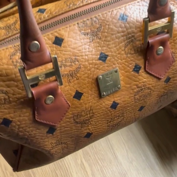 Vintage MCM Visetos Boston Satchel Bag Cognac Monogram Leather Trim - Picture 6 of 7